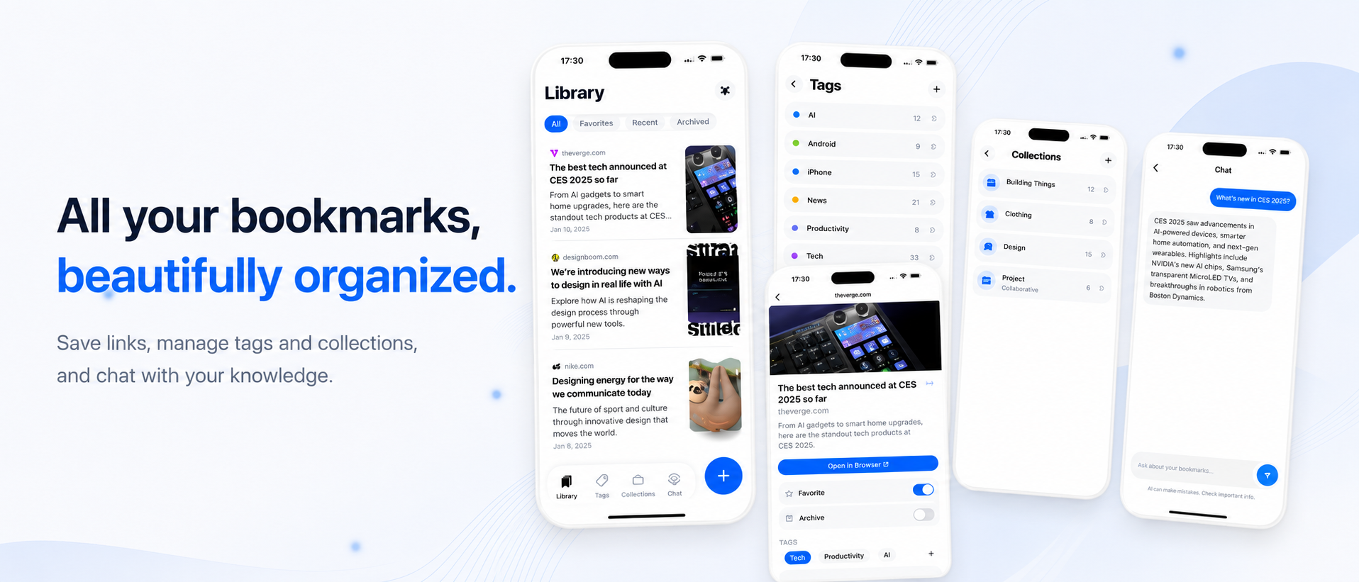 The Mymoree app showing an AI-organized bookmark library with collections, tags, and semantic search.